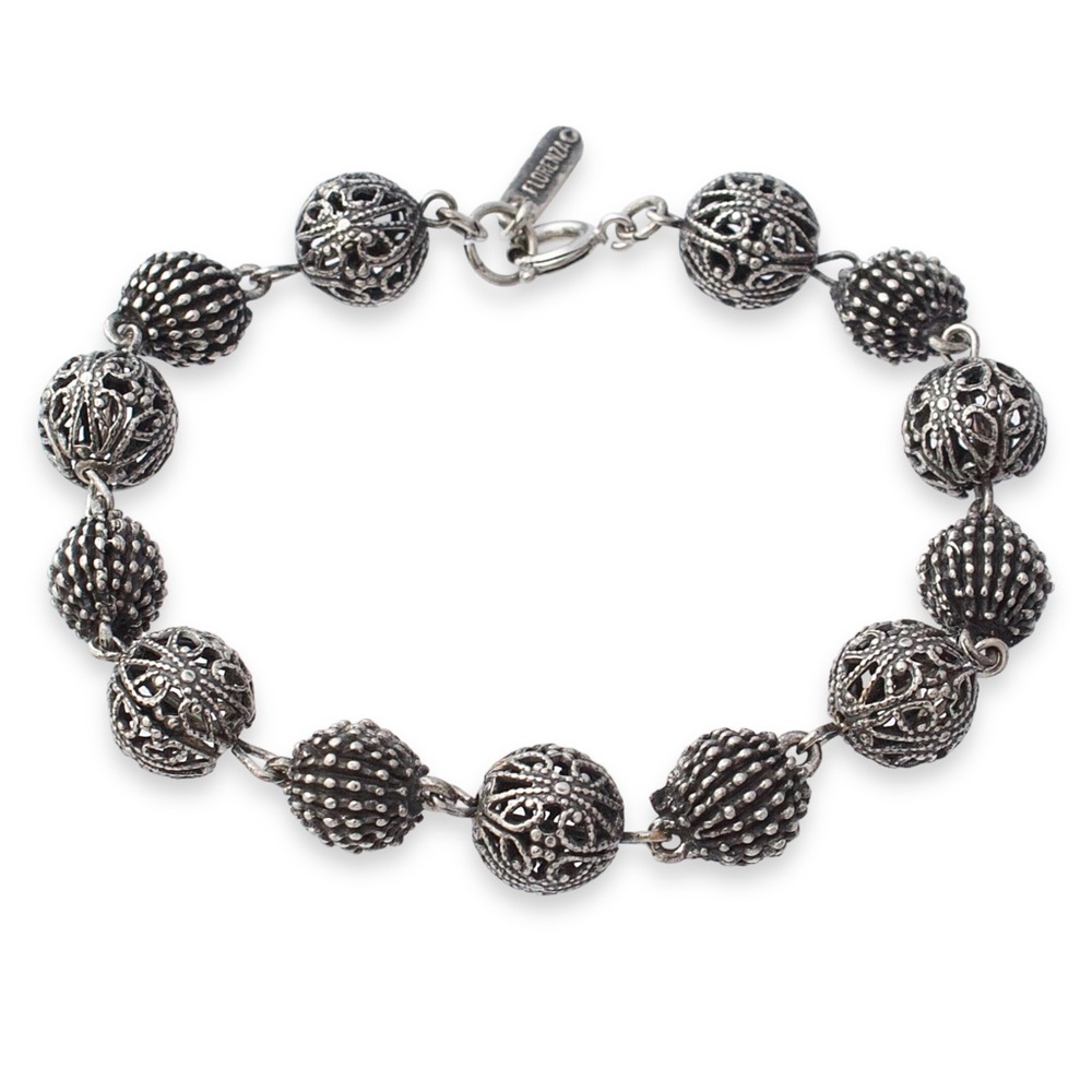Vintage Florenza Filigree Ball Bead Link Bracelet Oxidized Silver Tone